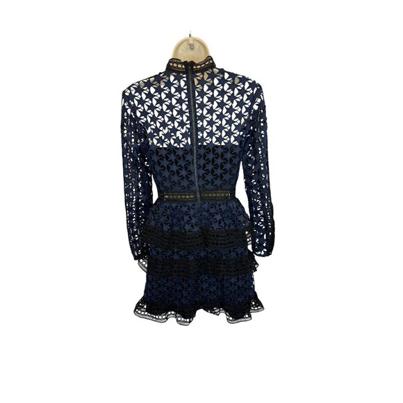 Self Portrait Navy Blue Black High Neck Star Lace Mini Dress - Size XS - Picture 5 of 7